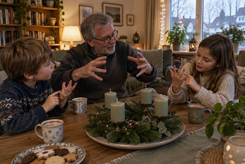 Ein Großvater erzählt zwei Enkeln am Tisch mit dem Adventskranz, die Kinder zählen an den Fingern mit