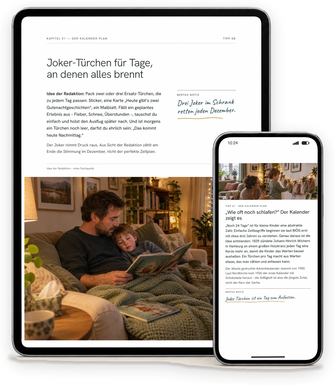 Seiten aus „Adventskalender & Advent mit Kindern“ auf einem Tablet (A4-Ausgabe) und einem Handy (Handy-Ausgabe)