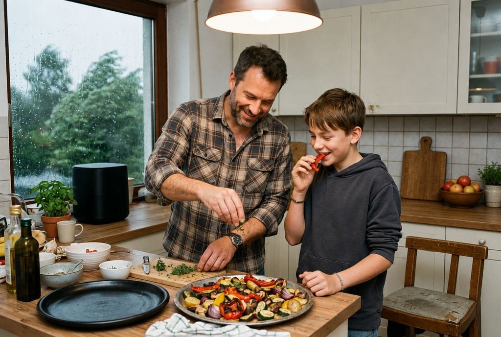 Vater und Sohn stellen in der Küche ein Blech mit Grillgemüse bereit, der Sohn probiert ein Stück Paprika
