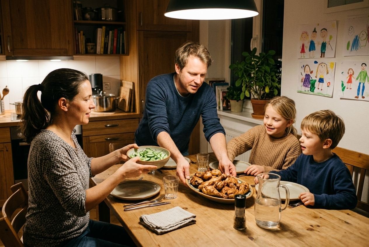 Eine Familie am Abendbrottisch, der Vater stellt knusprige Hähnchenkeulen auf den Tisch