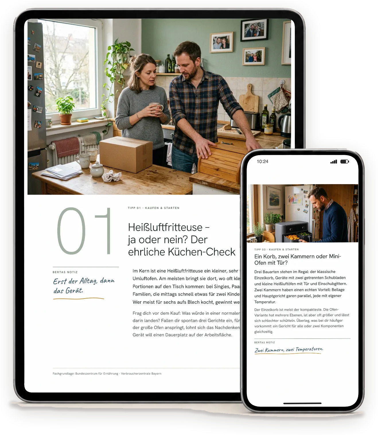 Seiten aus „Heißluftfritteuse für jeden Tag“ auf einem Tablet (A4-Ausgabe) und einem Handy (Handy-Ausgabe)