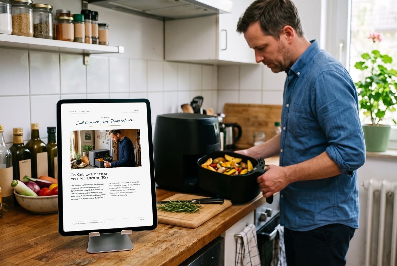 Jemand liest „Heißluftfritteuse für jeden Tag“ auf dem Tablet – auf dem Bildschirm eine echte Seite aus dem Guide