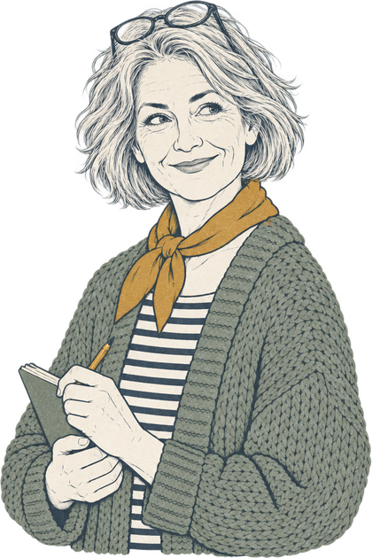 Gezeichnete Figur Berta mit Notizbuch und Bleistift