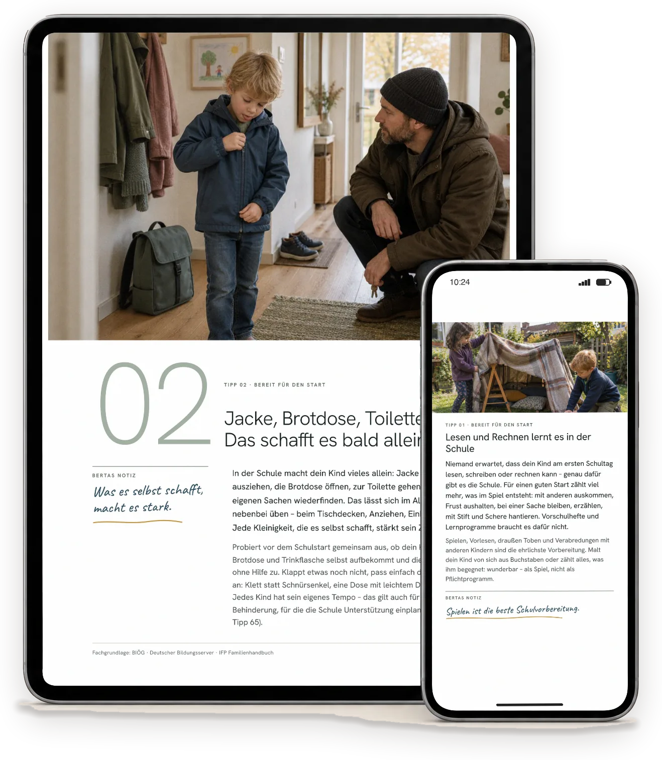 Seiten aus „Unser Kind kommt in die 1. Klasse“ auf einem Tablet (A4-Ausgabe) und einem Handy (Handy-Ausgabe)