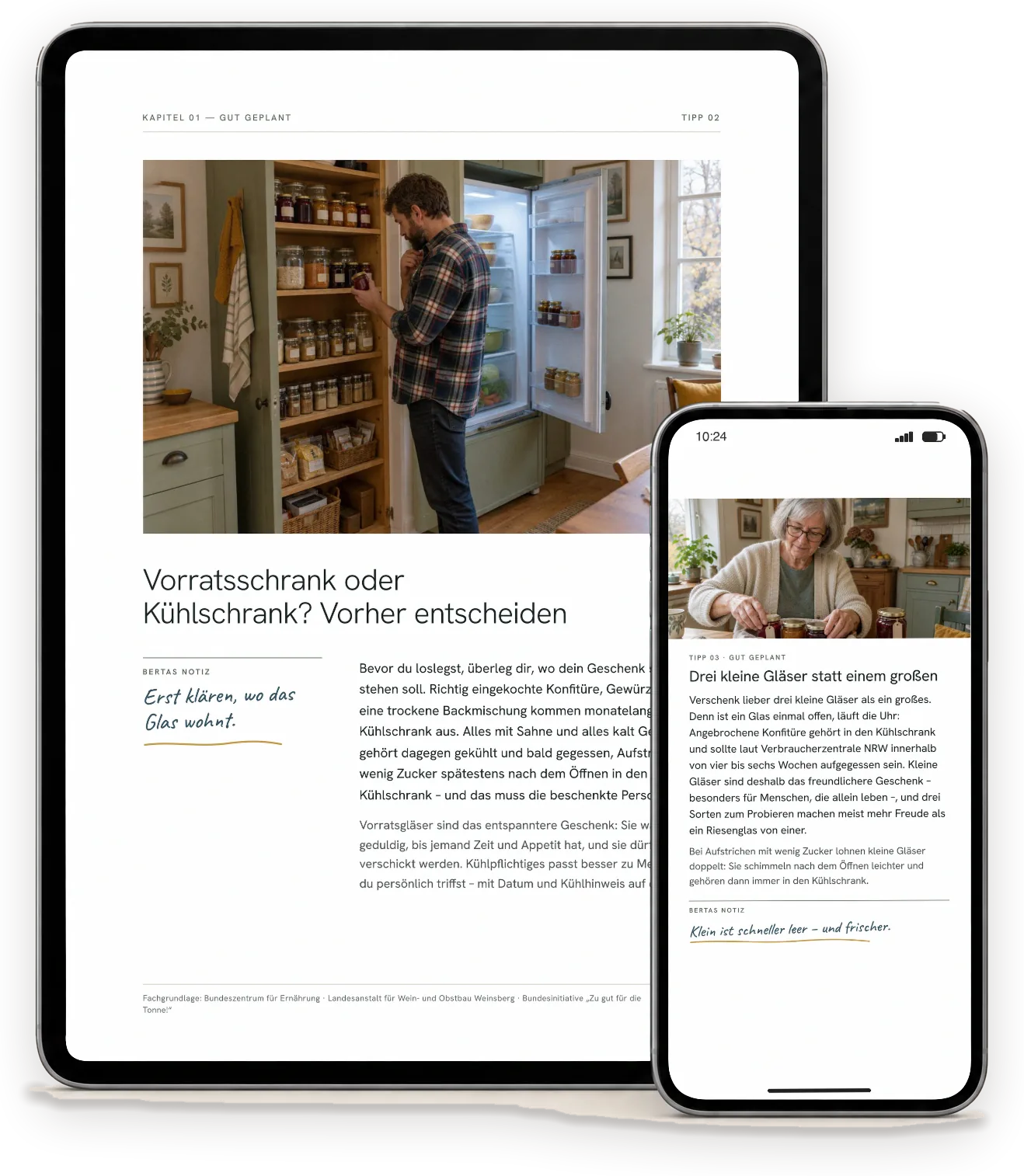 Seiten aus „Leckeres im Glas verschenken“ auf einem Tablet (A4-Ausgabe) und einem Handy (Handy-Ausgabe)