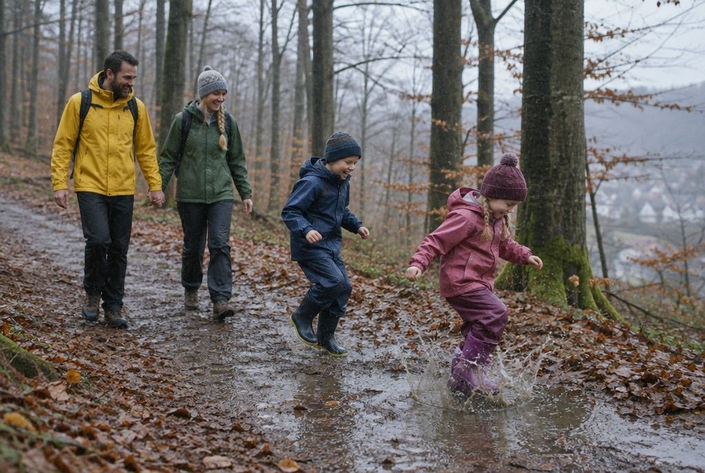 Eine Familie geht im Regen durch den Herbstwald, die Kinder springen in eine Pfütze