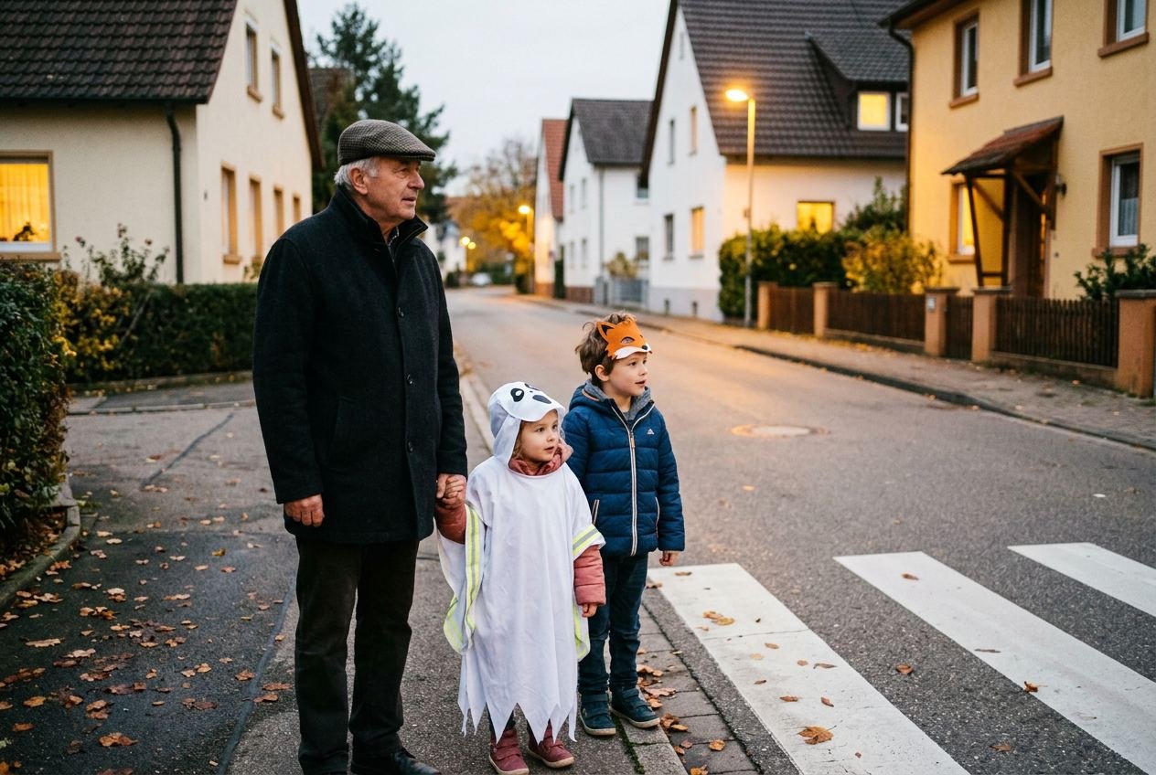 Ein Großvater wartet mit zwei verkleideten Enkeln am Bordstein vor dem Zebrastreifen