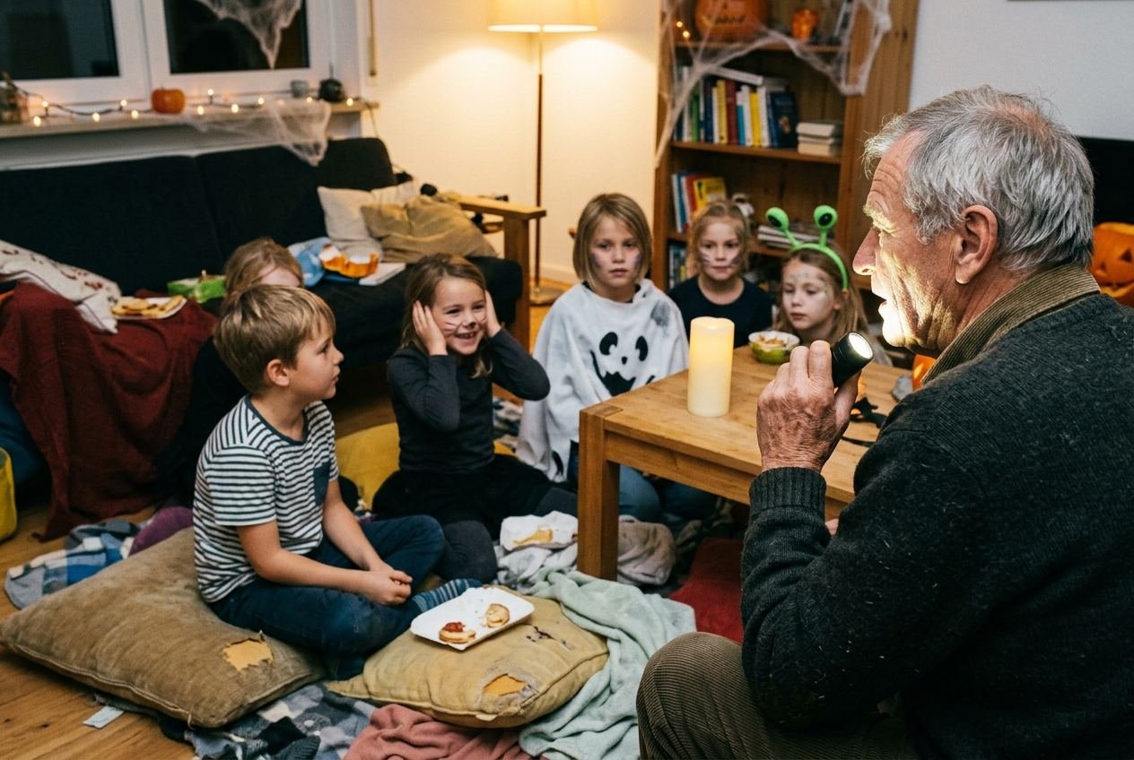 Kinder in Kostümen sitzen mit einem Großvater am Kamin und erzählen sich Gruselgeschichten