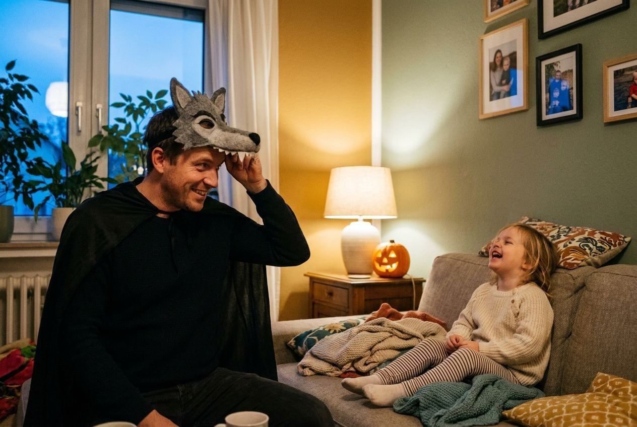 Ein Vater schiebt eine Filz-Wolfsmaske hoch, seine kleine Tochter lacht auf dem Sofa