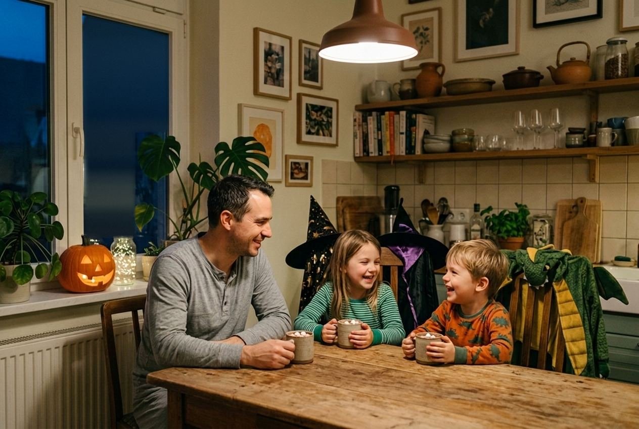 Ein Vater sitzt mit zwei Kindern in Kostümen bei Kakao am Küchentisch