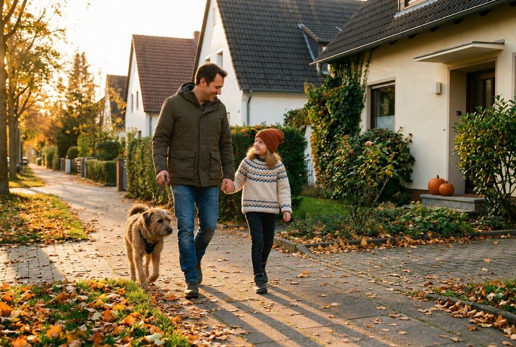 Vater und Tochter gehen vor der Dämmerung mit ihrem Hund durch die herbstliche Straße