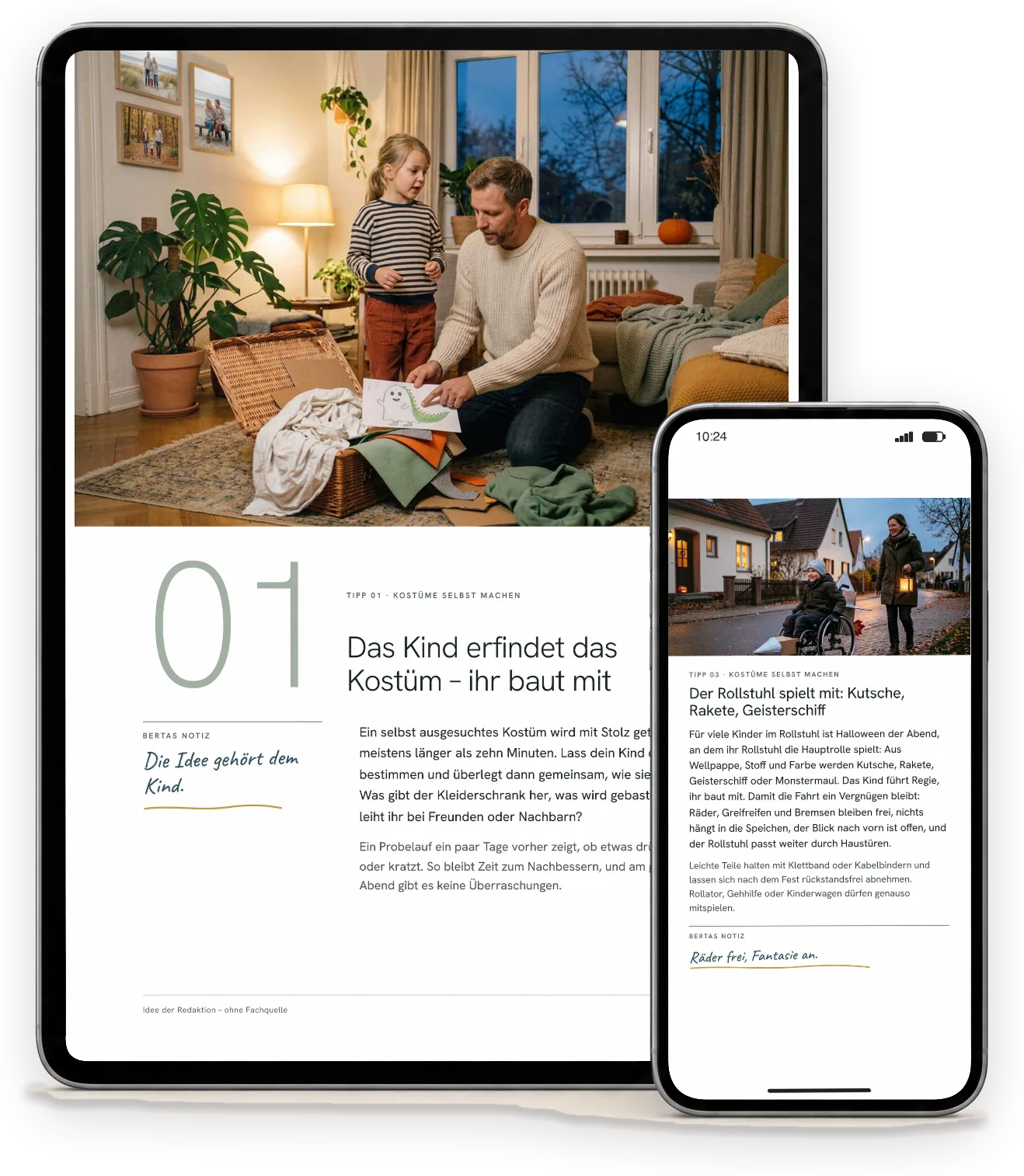 Seiten aus „Halloween mit Kindern“ auf einem Tablet (A4-Ausgabe) und einem Handy (Handy-Ausgabe)