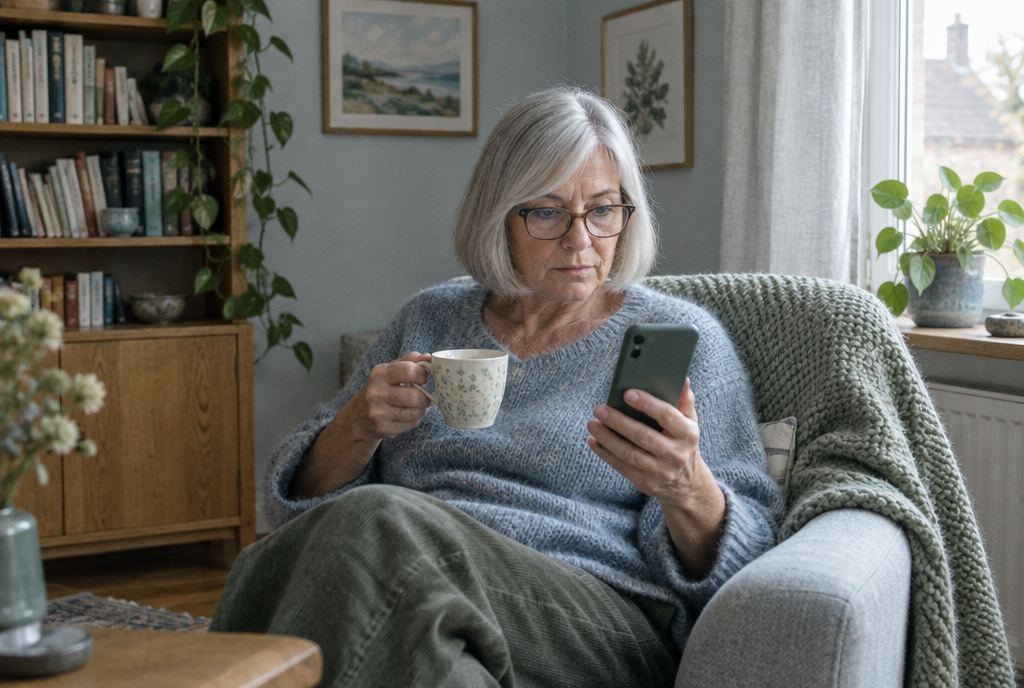 Eine Frau mit silbernem Bob sitzt mit Tee im Sessel und schaut aufmerksam auf ihr Handy