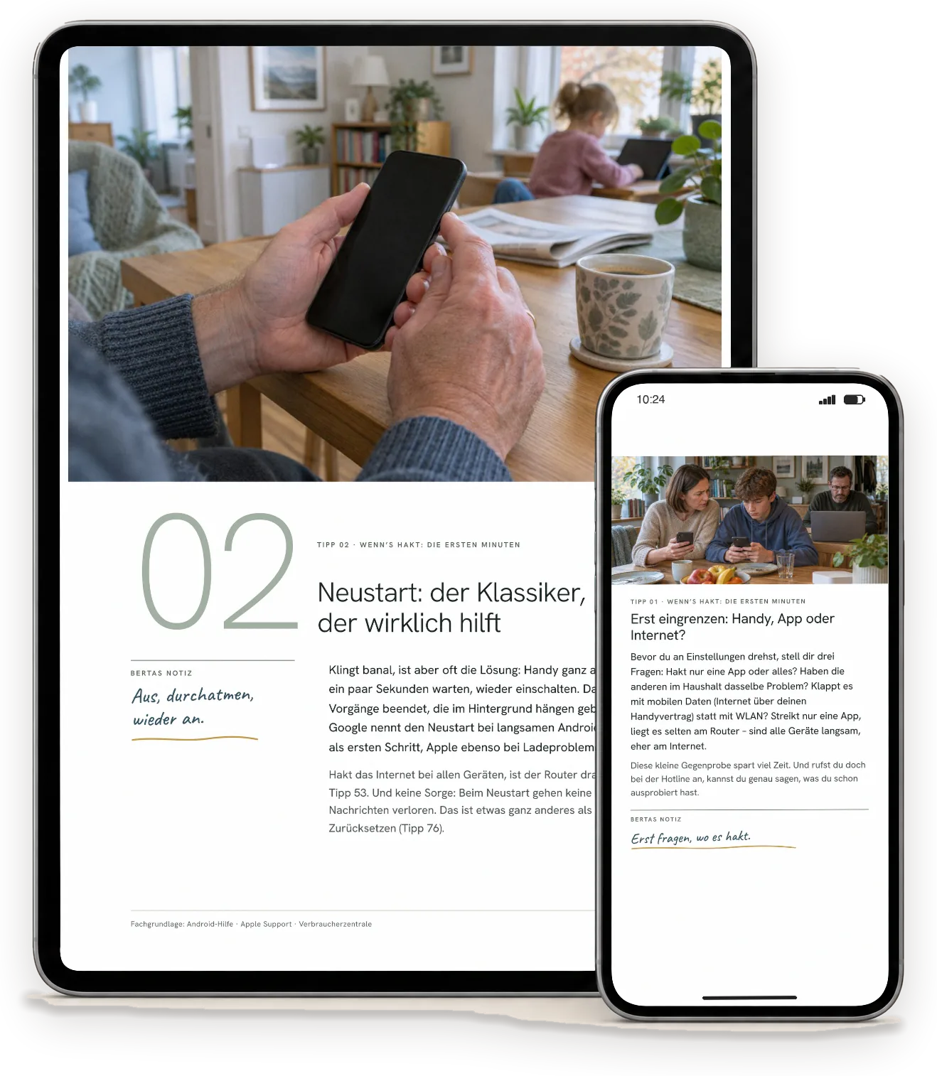 Seiten aus „Handy & WLAN – wenn’s hakt“ auf einem Tablet (A4-Ausgabe) und einem Handy (Handy-Ausgabe)