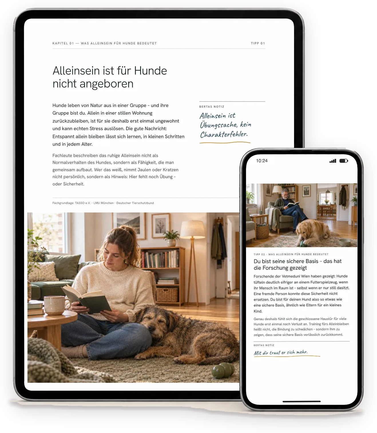 Seiten aus „Hund allein zu Hause – entspannt statt gestresst“ auf einem Tablet (A4-Ausgabe) und einem Handy (Handy-Ausgabe)