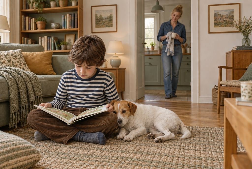 Ein Junge liest auf dem Teppich, ein Jack Russell hat sich an ihn gelehnt, im Hintergrund die Mutter