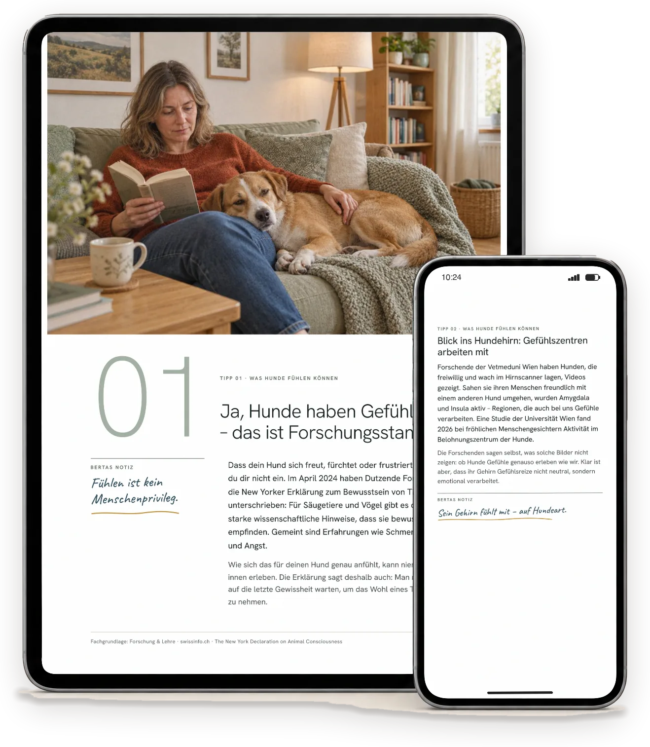 Seiten aus „Hundegefühle verstehen“ auf einem Tablet (A4-Ausgabe) und einem Handy (Handy-Ausgabe)