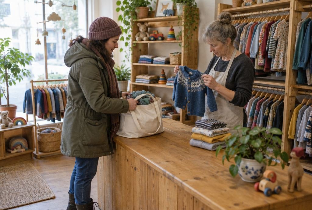 Eine Frau gibt in einem Second-Hand-Laden eine Tasche mit Kinderkleidung ab, die Inhaberin prüft einen Pulli