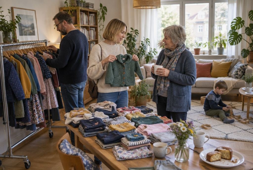 Kleidertausch im Wohnzimmer: Erwachsene sehen sich Kinderkleidung an, ein Junge spielt auf dem Teppich