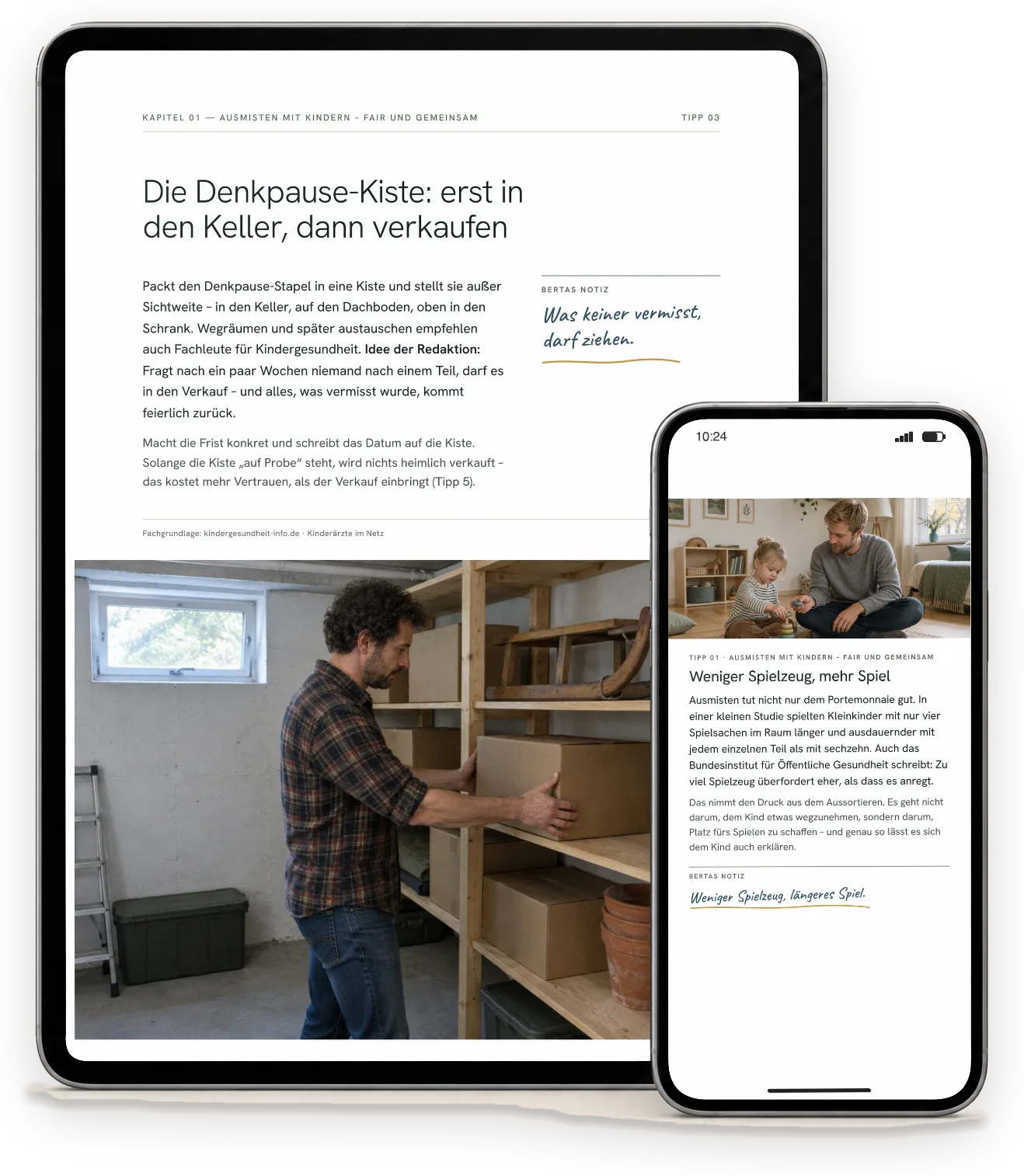 Seiten aus „Kindersachen verkaufen“ auf einem Tablet (A4-Ausgabe) und einem Handy (Handy-Ausgabe)