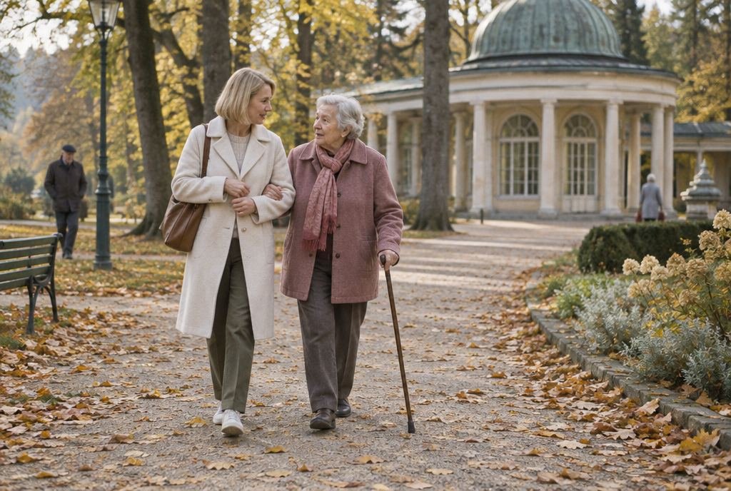 Eine Tochter und ihre Mutter mit Gehstock spazieren untergehakt durch einen herbstlichen Kurpark