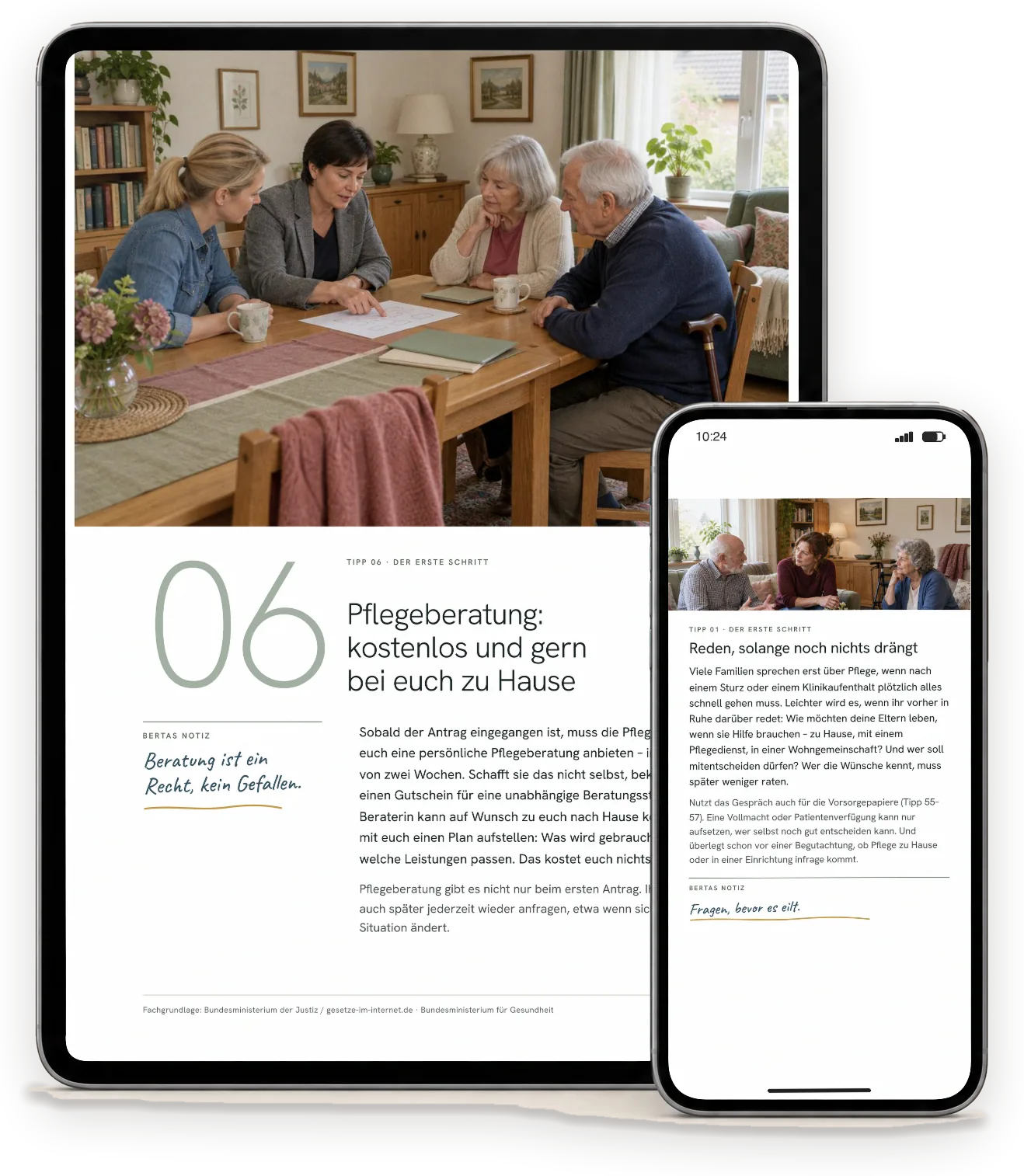Seiten aus „Pflegegrad & Eltern pflegen – gut vorbereitet“ auf einem Tablet (A4-Ausgabe) und einem Handy (Handy-Ausgabe)