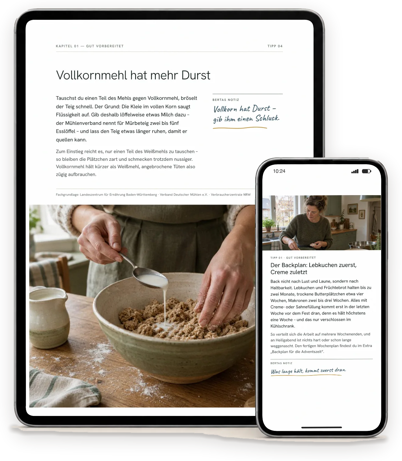 Seiten aus „Plätzchen backen“ auf einem Tablet (A4-Ausgabe) und einem Handy (Handy-Ausgabe)
