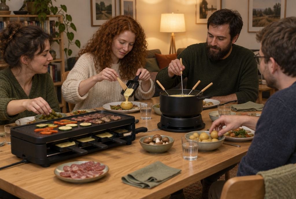 Vier Freunde sitzen am Tisch mit Raclette-Grill und Fonduetopf und bedienen sich