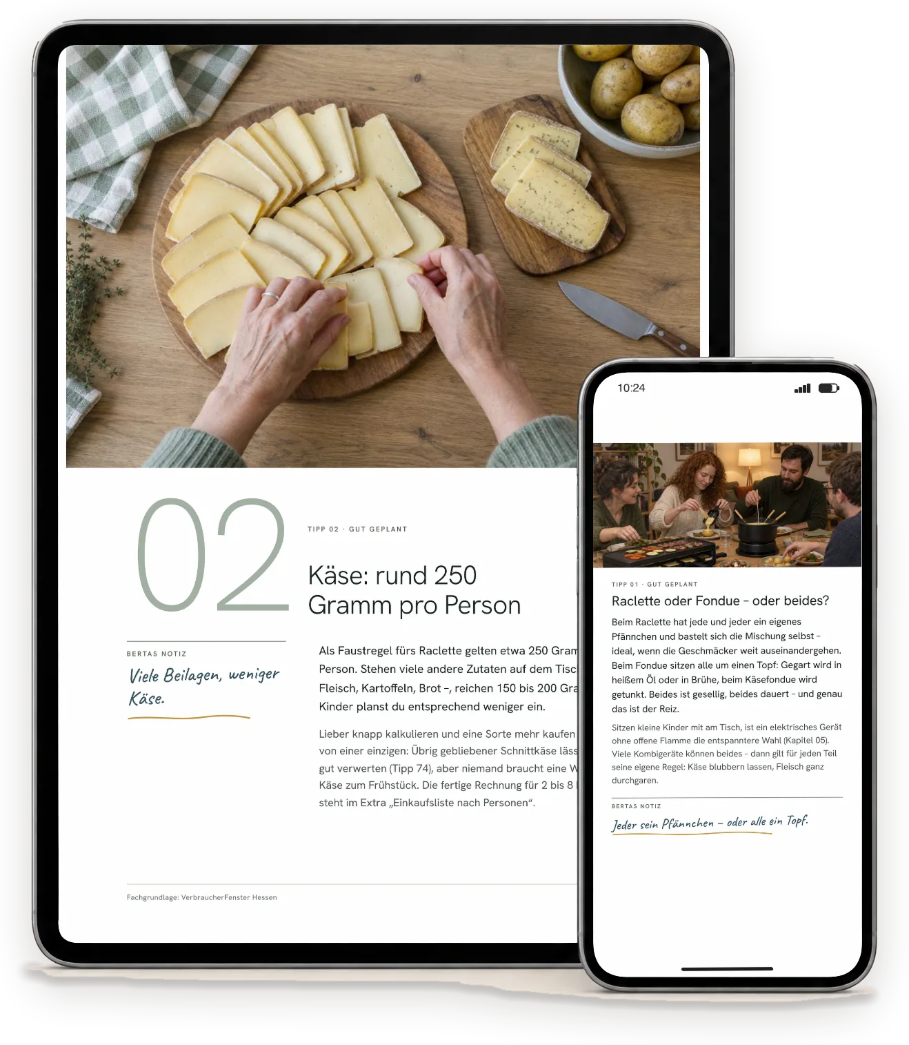 Seiten aus „Raclette, Fondue & Silvester“ auf einem Tablet (A4-Ausgabe) und einem Handy (Handy-Ausgabe)
