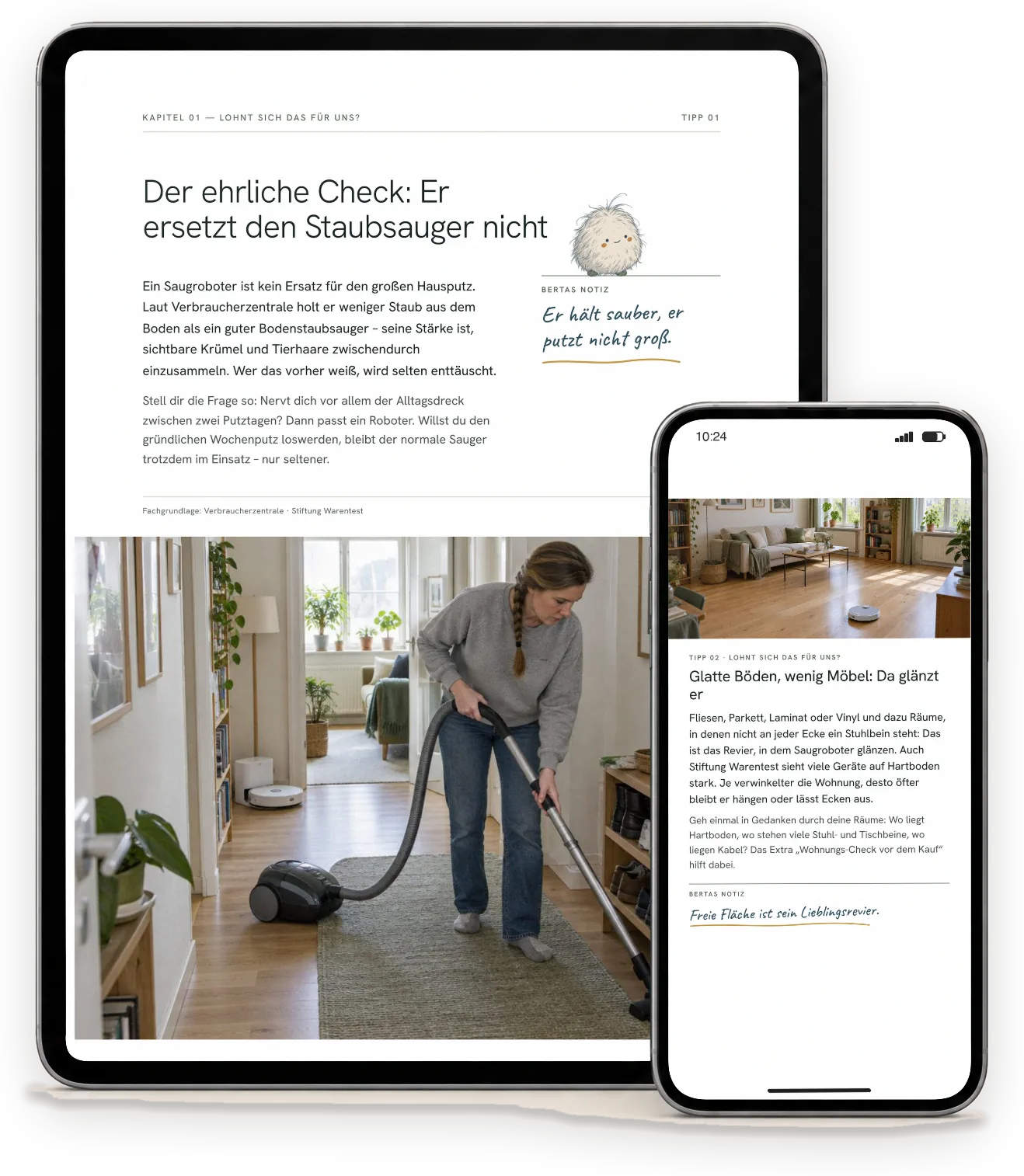 Seiten aus „Saugroboter – lohnt sich das?“ auf einem Tablet (A4-Ausgabe) und einem Handy (Handy-Ausgabe)