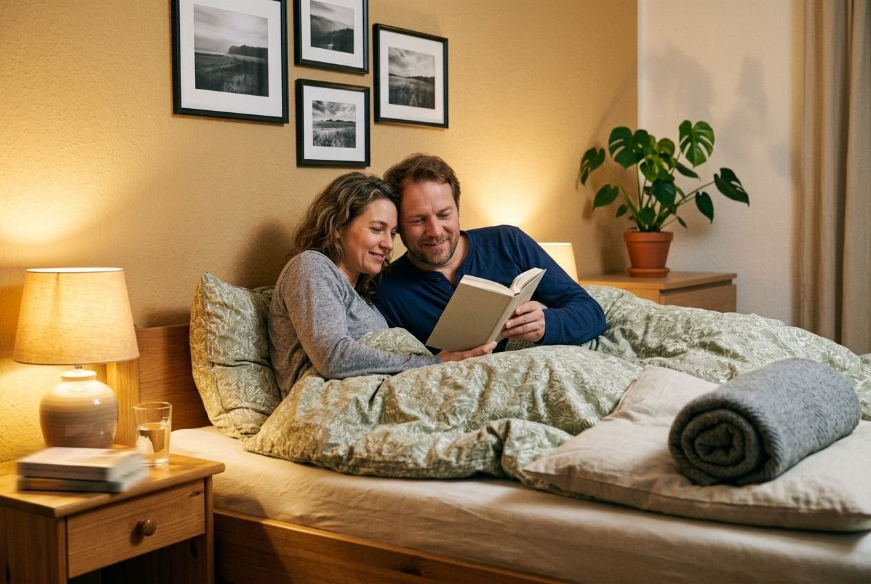 Ein Paar liegt abends aneinandergekuschelt im Bett und liest zusammen in einem Buch