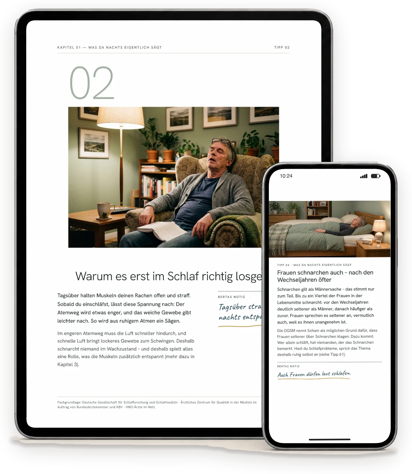 Seiten aus „Ruhige Nächte trotz Schnarchen“ auf einem Tablet (A4-Ausgabe) und einem Handy (Handy-Ausgabe)