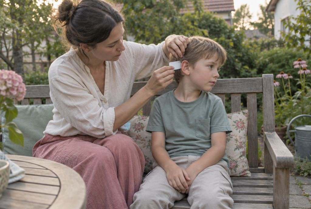 Eine Mutter kümmert sich auf der Gartenbank um ihren kleinen Sohn