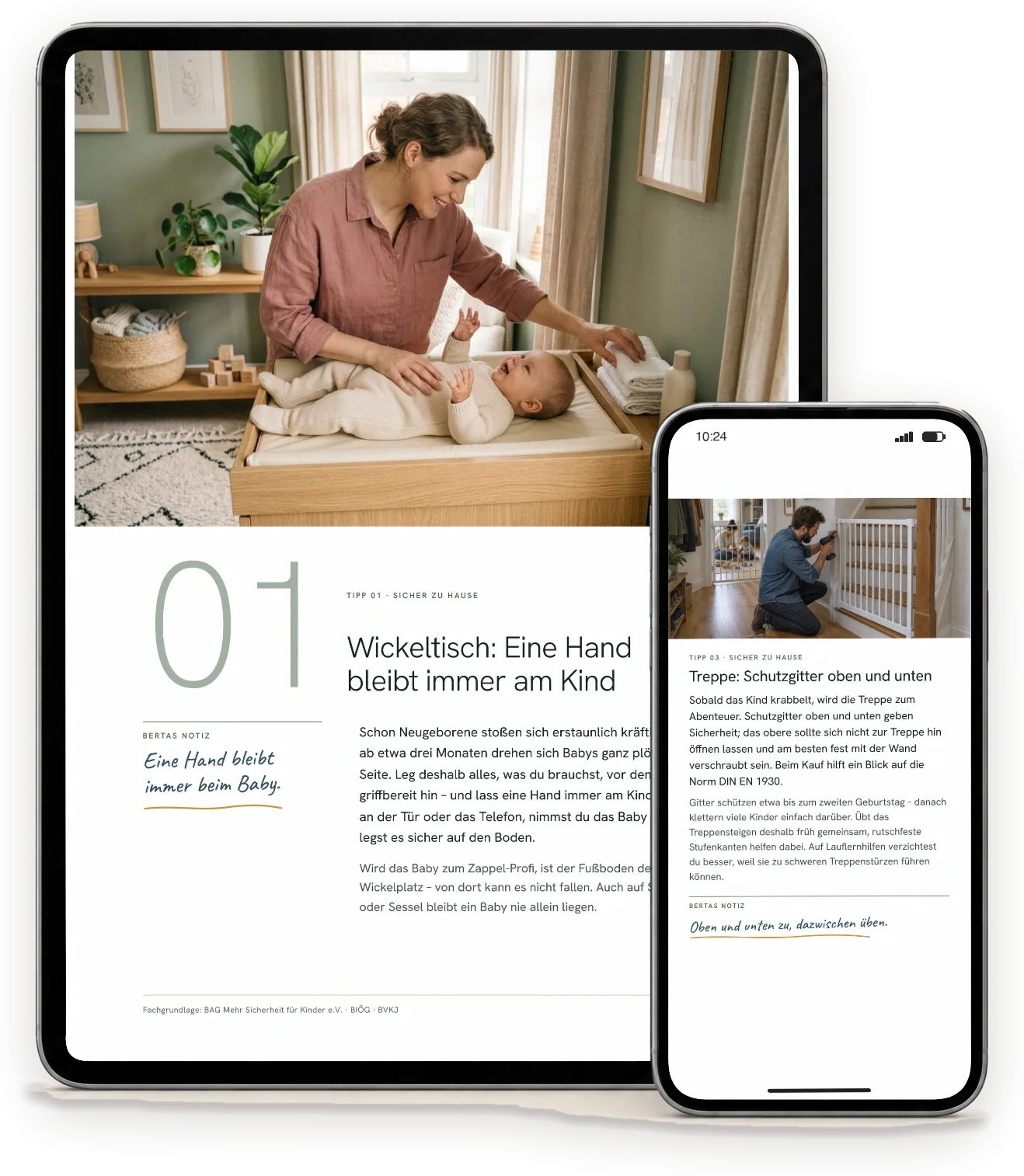Seiten aus „Erste Hilfe & Sicherheit für Babys und Kleinkinder“ auf einem Tablet (A4-Ausgabe) und einem Handy (Handy-Ausgabe)
