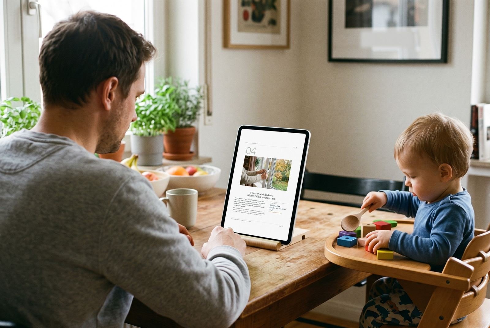 Jemand liest „Erste Hilfe & Sicherheit für Babys und Kleinkinder“ auf dem Tablet – auf dem Bildschirm eine echte Seite aus dem Guide