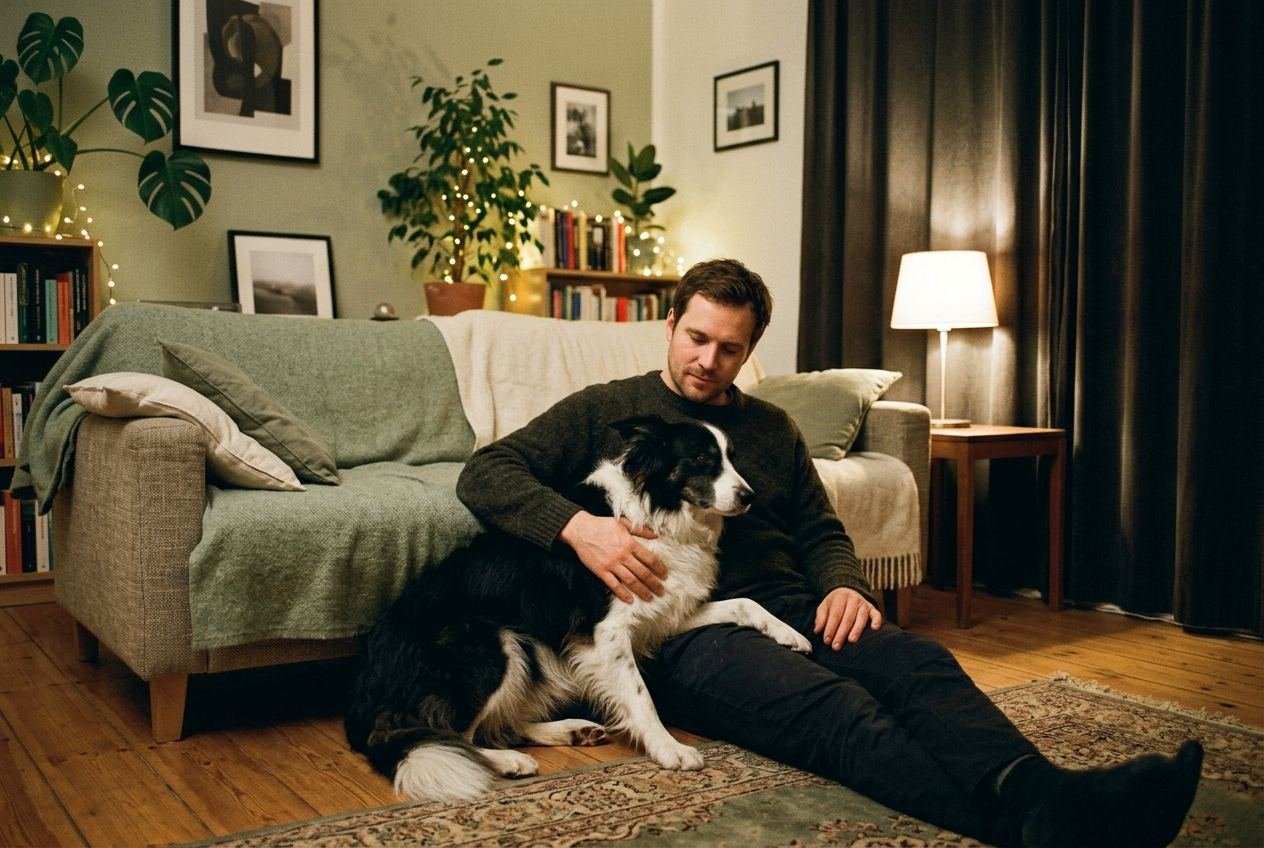 Ein Mann sitzt abends auf dem Wohnzimmerboden und hält seinen Hund ruhig im Arm