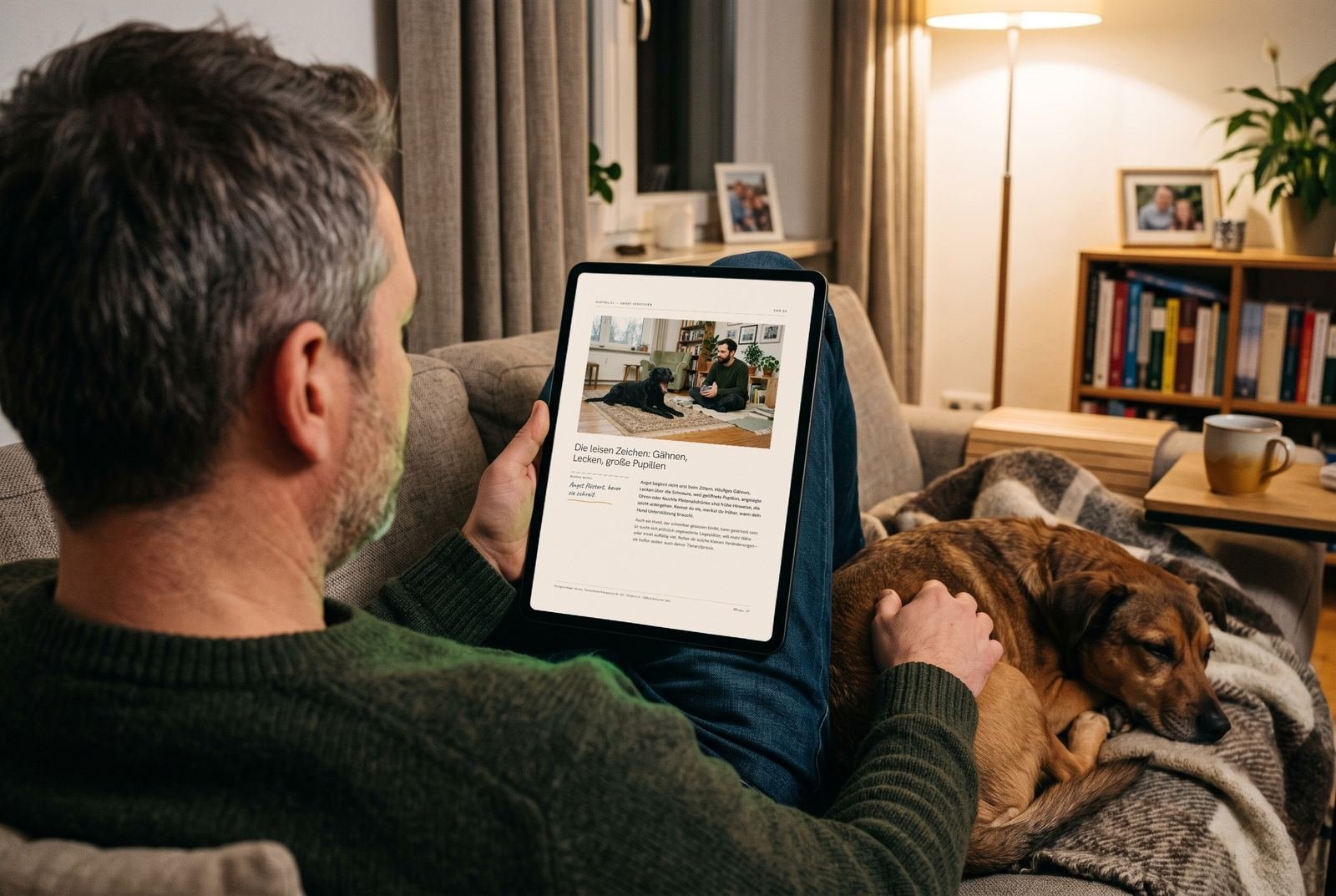 Jemand liest „Silvester mit Hund – so kommt er gelassen ins neue Jahr“ auf dem Tablet – auf dem Bildschirm eine echte Seite aus dem Guide