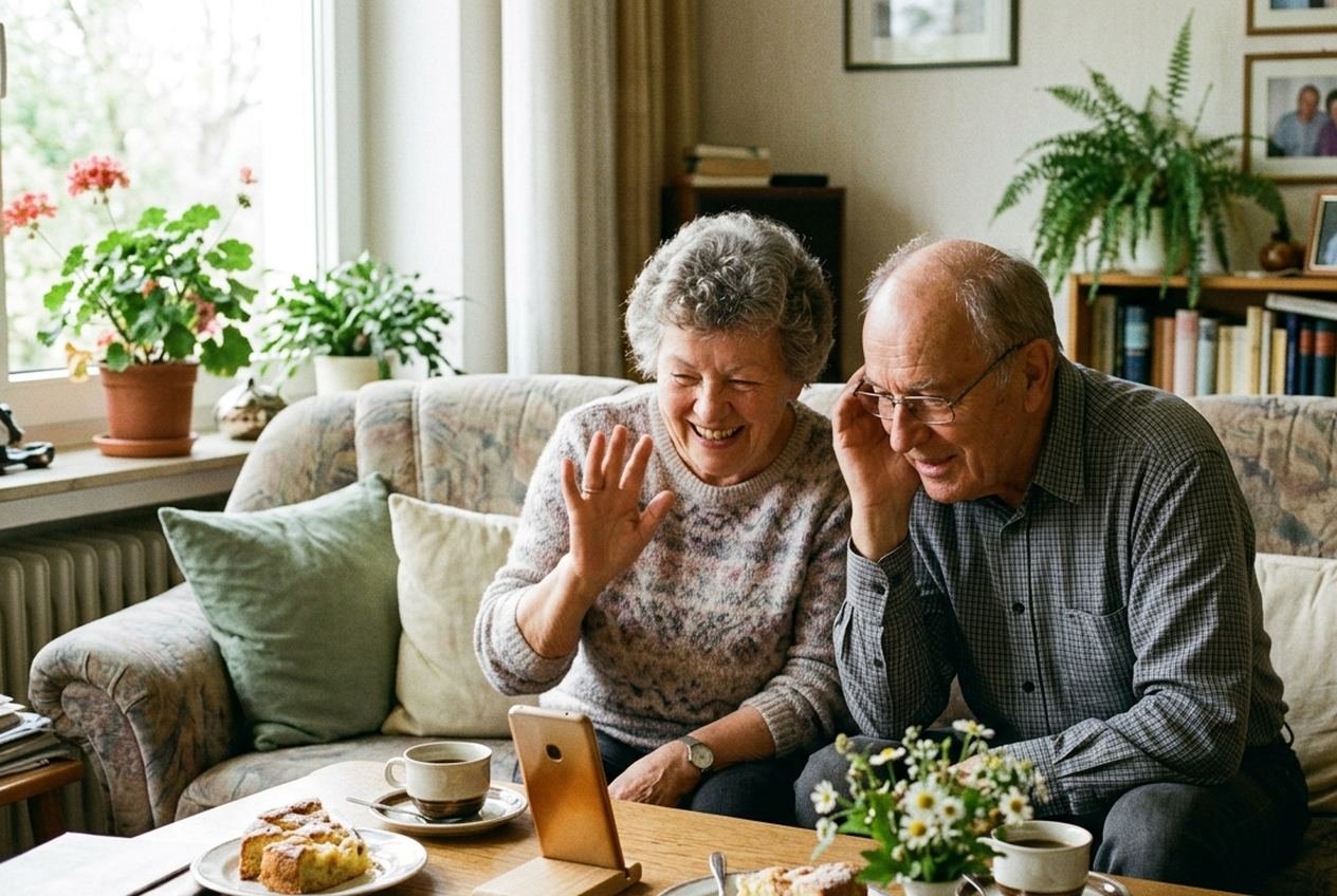 Ein älteres Paar macht am Sonntagskaffeetisch einen Videoanruf mit der Familie