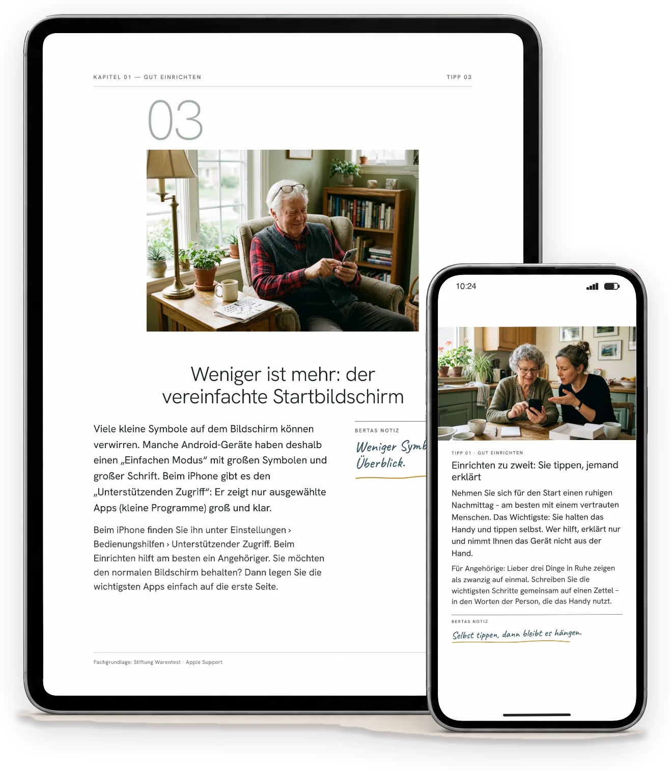 Seiten aus „Smartphone & WhatsApp für Einsteiger“ auf einem Tablet (A4-Ausgabe) und einem Handy (Handy-Ausgabe)