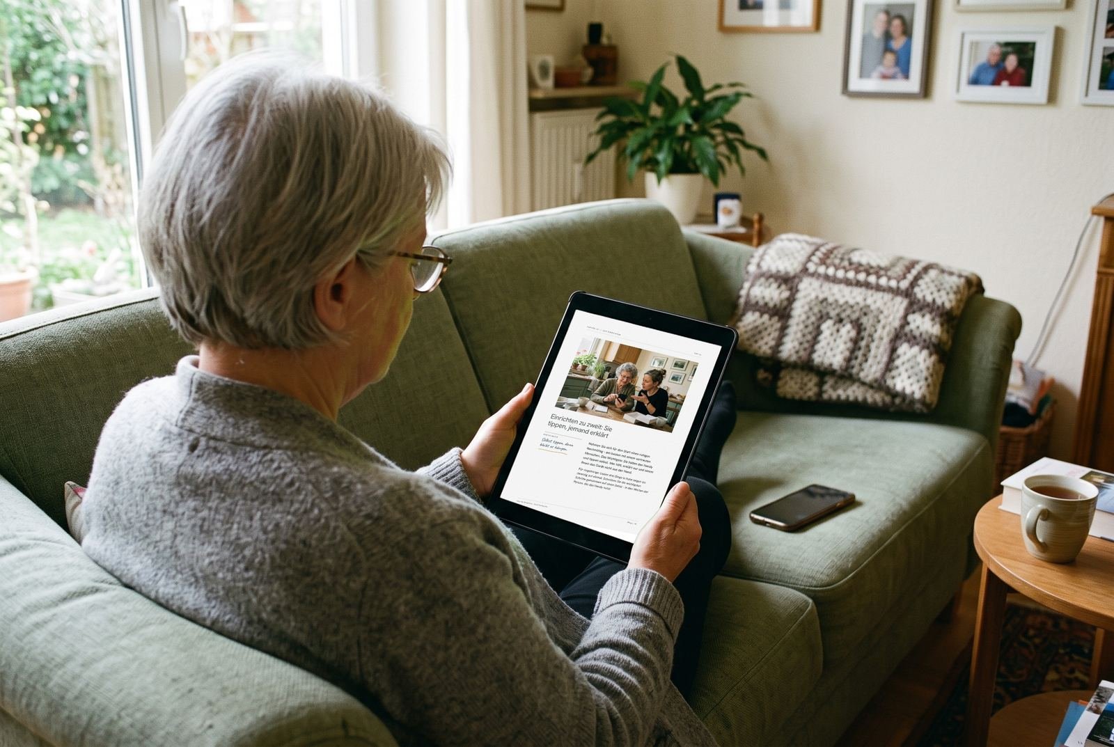 Jemand liest „Smartphone & WhatsApp für Einsteiger“ auf dem Tablet – auf dem Bildschirm eine echte Seite aus dem Guide