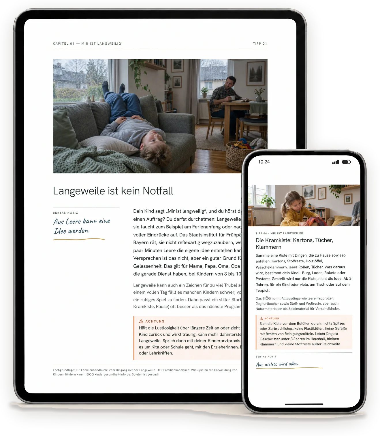 Seiten aus „Spiele für jedes Wetter – mit Kindern von 3 bis 10“ auf einem Tablet (A4-Ausgabe) und einem Handy (Handy-Ausgabe)