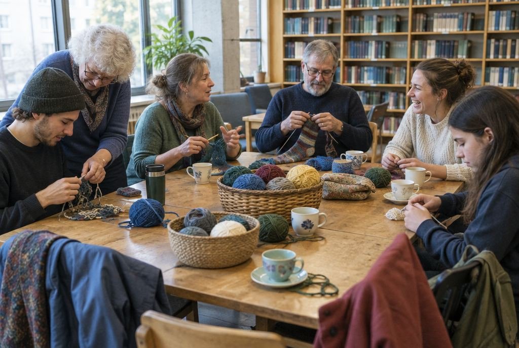 Offener Stricktreff in einer Bibliothek: Menschen verschiedenen Alters stricken und häkeln an einem großen Tisch