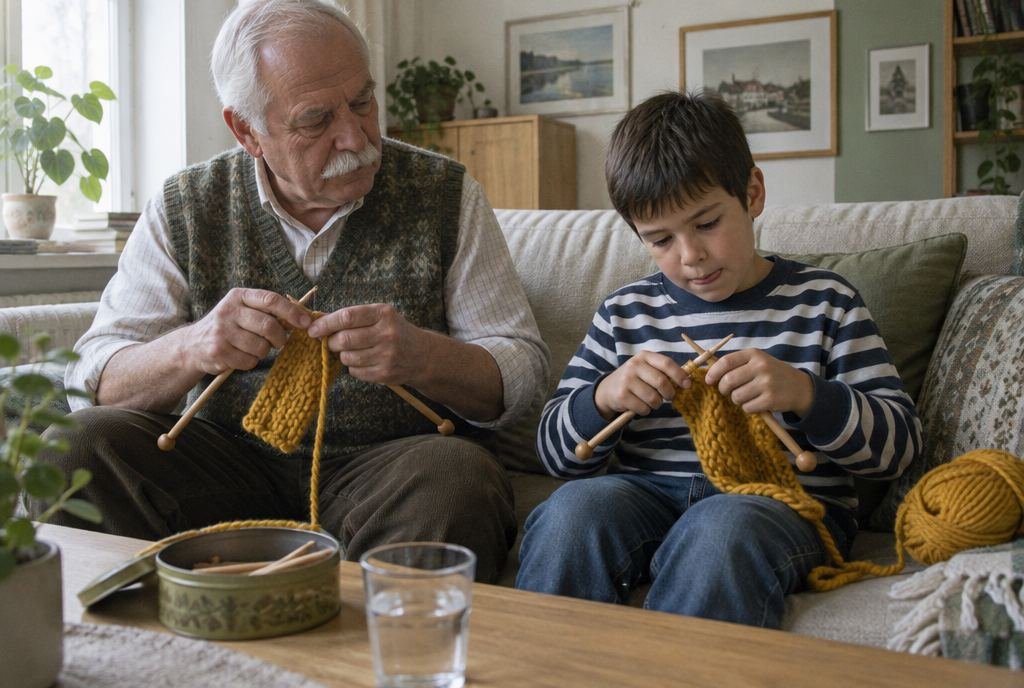 Ein Großvater und sein Enkel stricken nebeneinander auf dem Sofa mit senfgelber Wolle