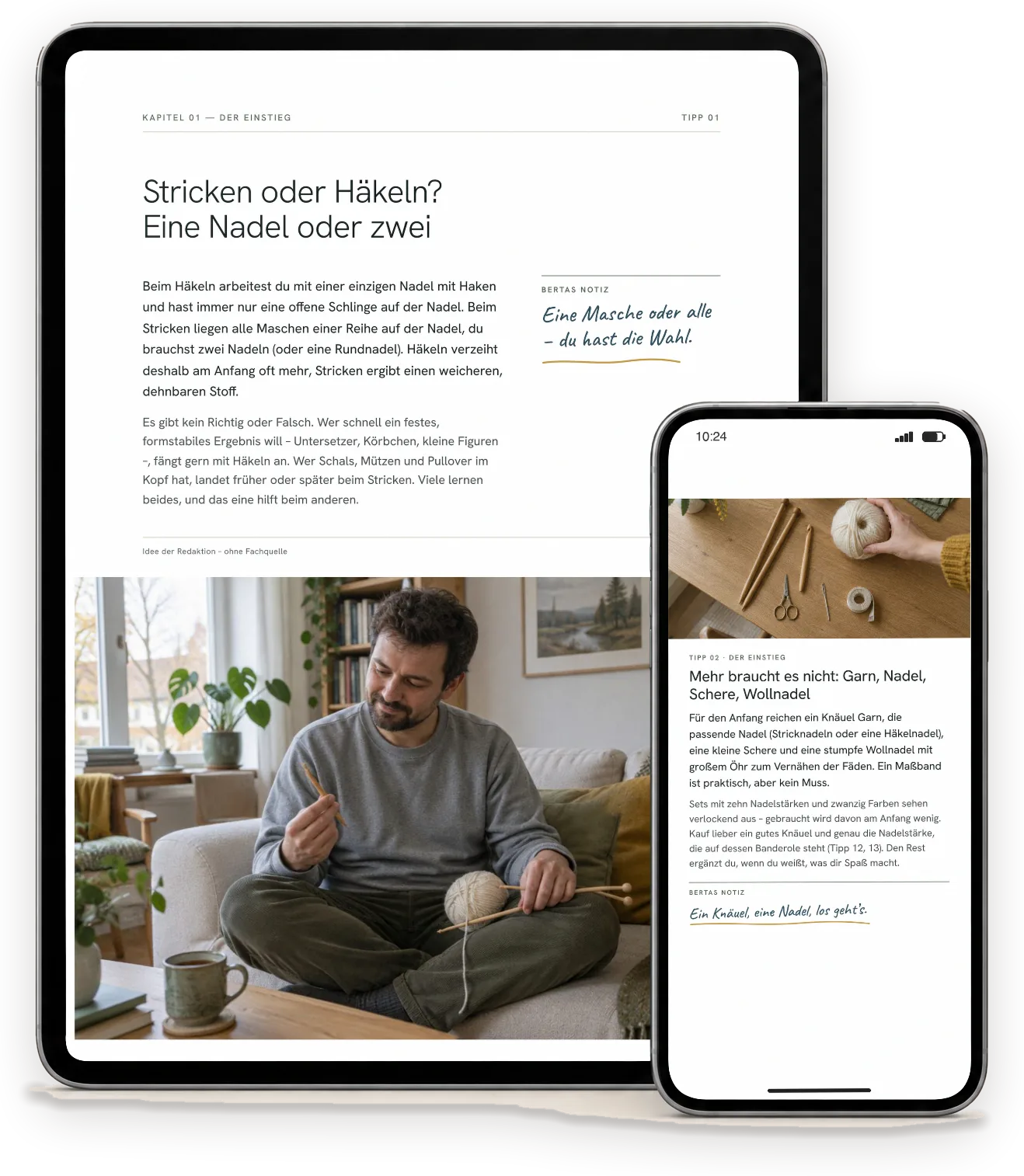 Seiten aus „Stricken & Häkeln lernen“ auf einem Tablet (A4-Ausgabe) und einem Handy (Handy-Ausgabe)