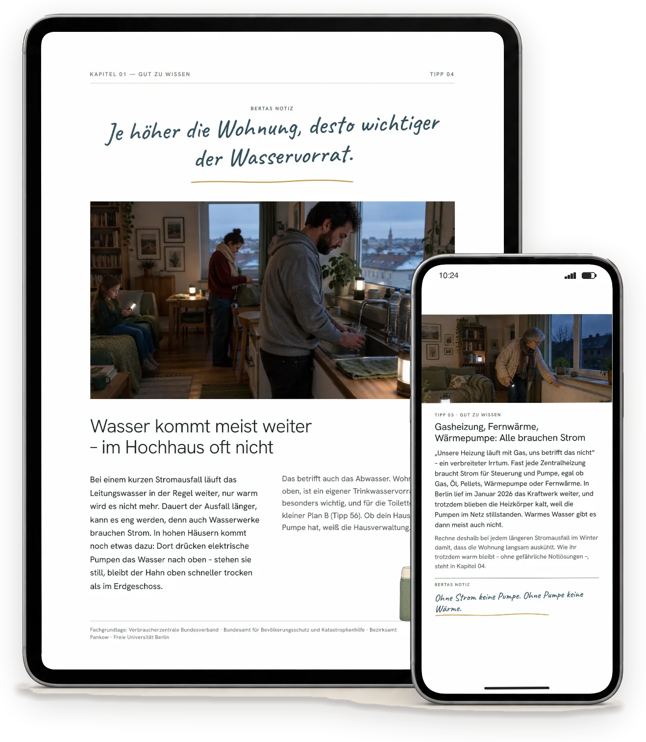 Seiten aus „Stromausfall im Winter“ auf einem Tablet (A4-Ausgabe) und einem Handy (Handy-Ausgabe)