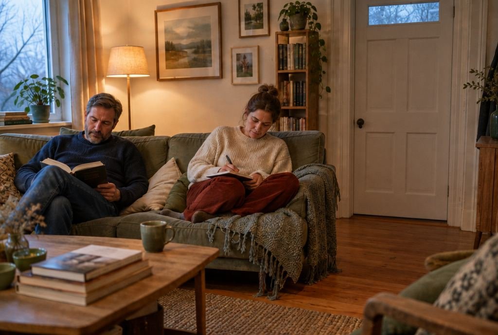 Ein Paar liest abends im warmen Wohnzimmer auf dem Sofa, auf dem Couchtisch stehen Tassen und Bücher