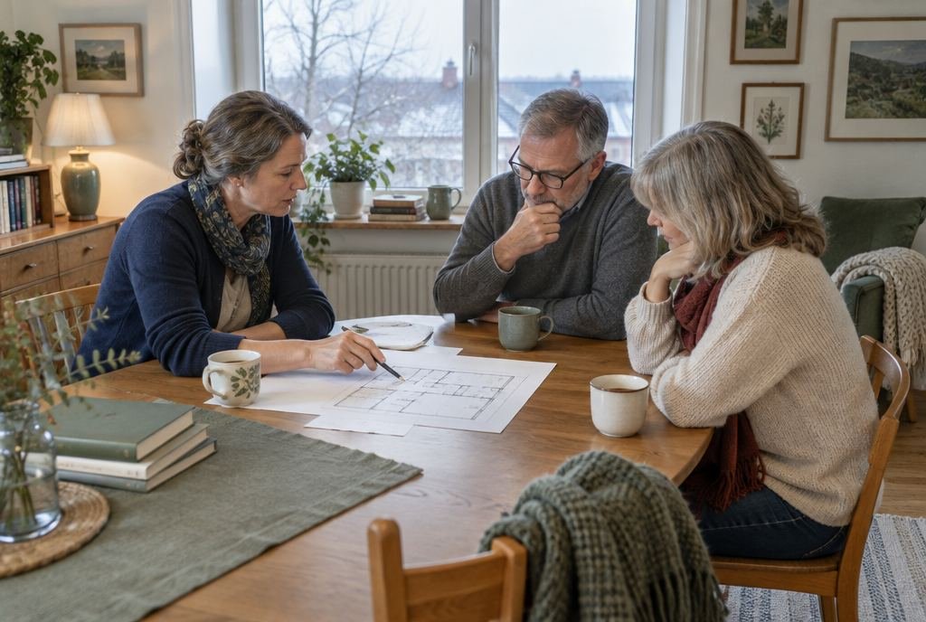 Eine Energieberaterin bespricht mit einem Paar am Küchentisch eine Grundriss-Skizze