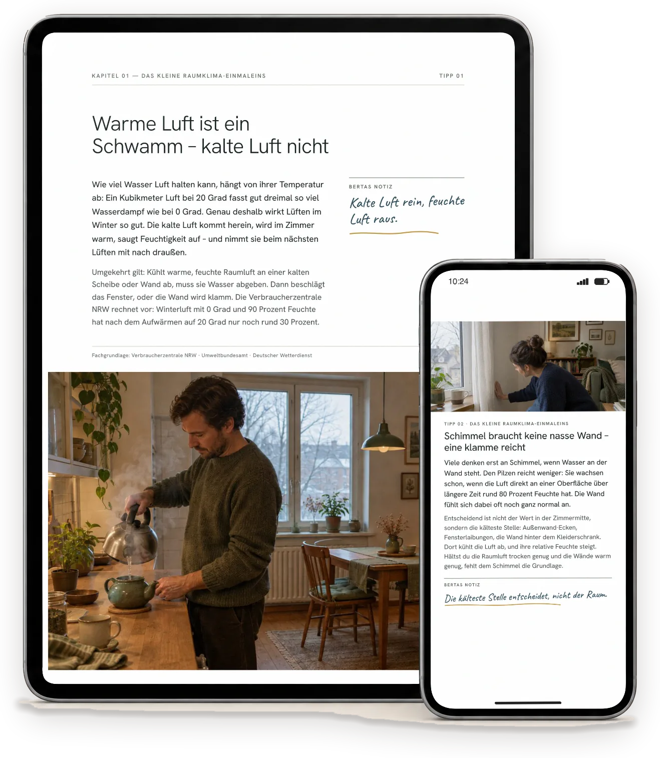 Seiten aus „Warm & trocken durch den Winter“ auf einem Tablet (A4-Ausgabe) und einem Handy (Handy-Ausgabe)