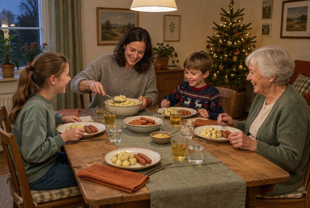 Eine Familie mit Großmutter isst am Weihnachtsabend Kartoffelsalat und Würstchen, im Hintergrund leuchtet der Baum