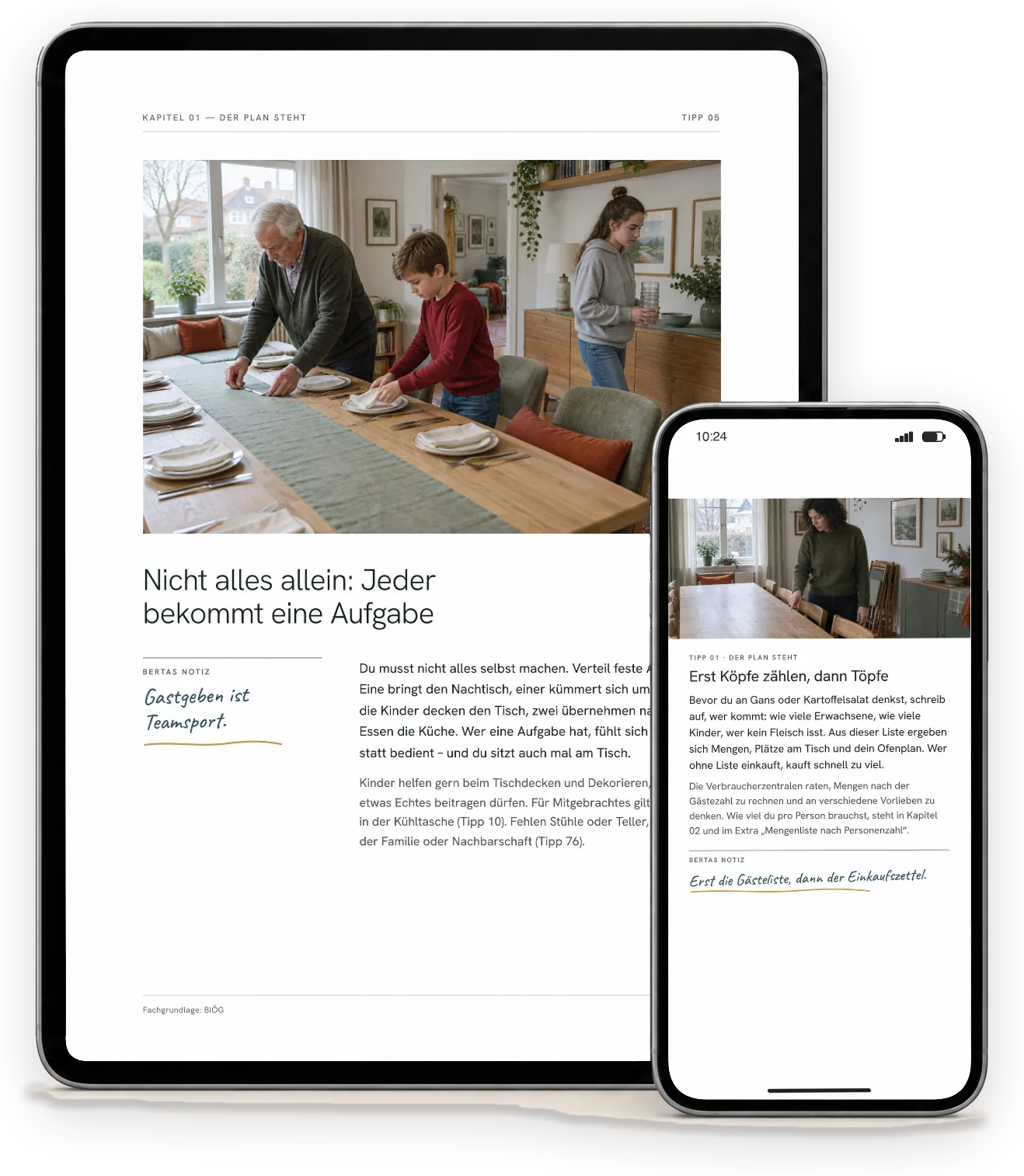 Seiten aus „Weihnachtsessen für viele“ auf einem Tablet (A4-Ausgabe) und einem Handy (Handy-Ausgabe)